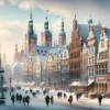 Zimowy krajobraz Gdańska z historycznymi budynkami