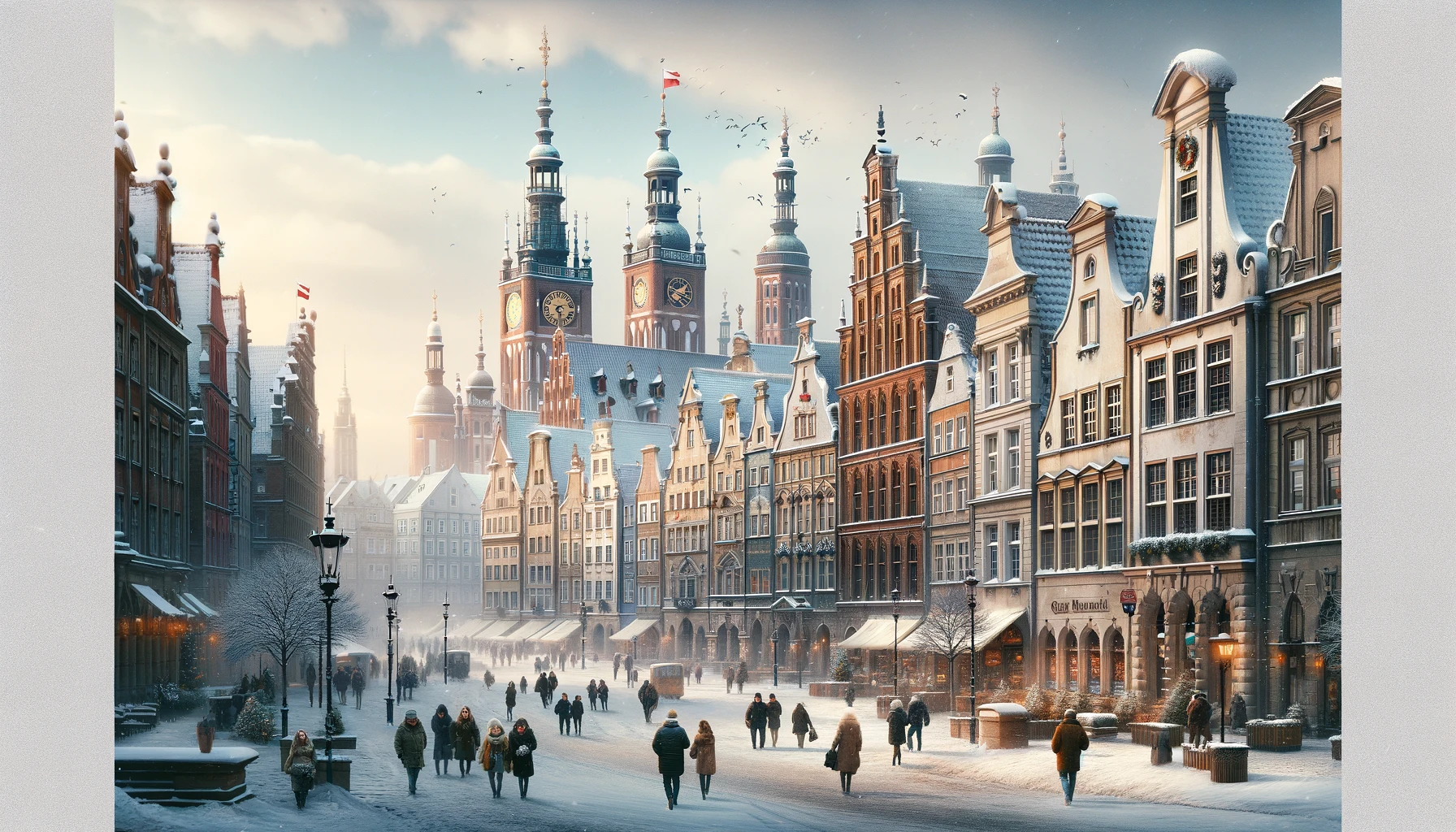 Zimowy krajobraz Gdańska z historycznymi budynkami