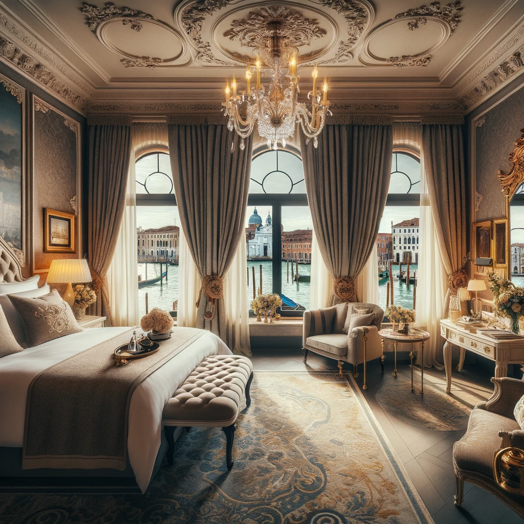 Luksusowy i romantyczny pokój hotelowy w Wenecji z widokiem na kanały