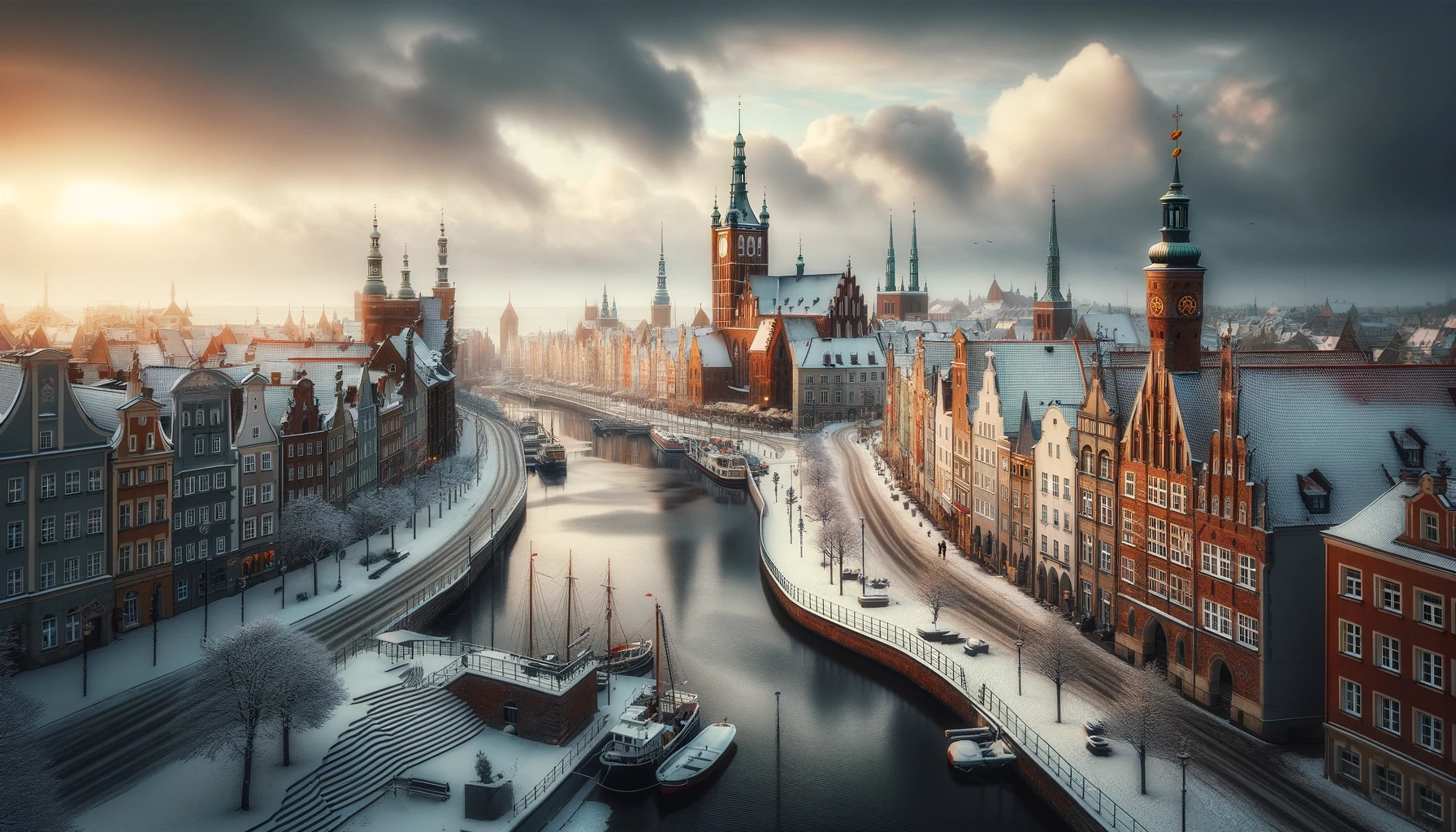 Zimowy widok na zabytkowe centrum Gdańska, z pokrytymi śniegiem uliczkami i historycznymi budynkami