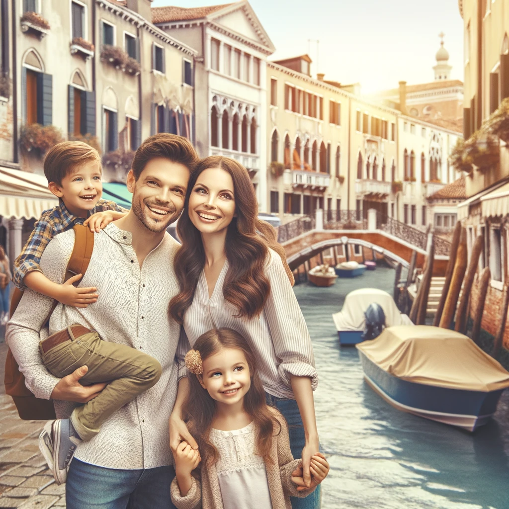 Rodzinna wycieczka po Wenecji: rodzice z dziećmi zwiedzają malownicze uliczki i kanały
