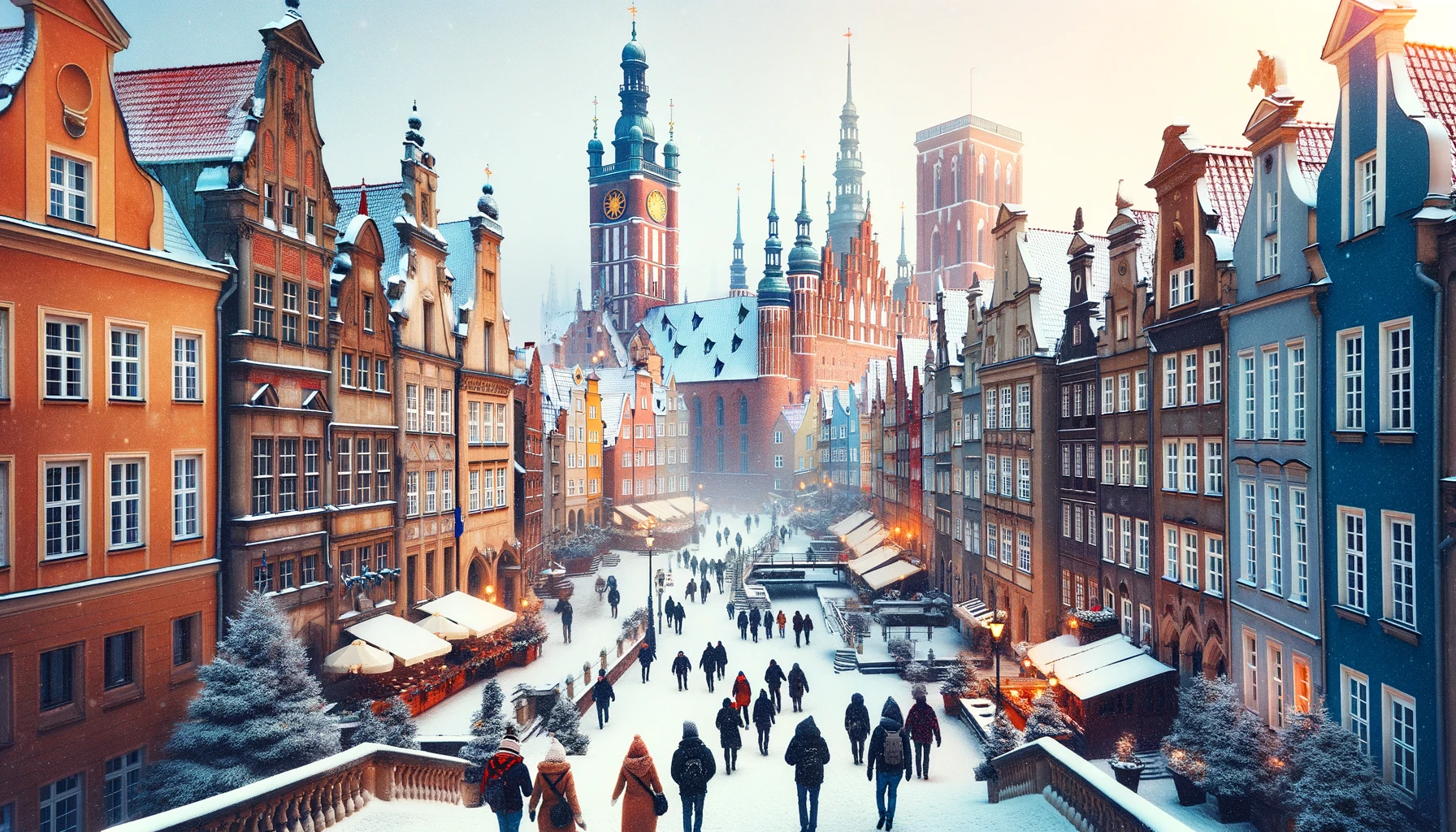 Turystyka zimowa w Gdańsku, z odwiedzającymi ubranymi na ciepło, eksplorującymi śnieżne ulice i historyczne budynki