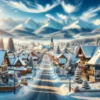 Zimowy pejzaż Zakopane z pokrytymi śniegiem ulicami, tradycyjnymi drewnianymi domami i Tatrami w tle.