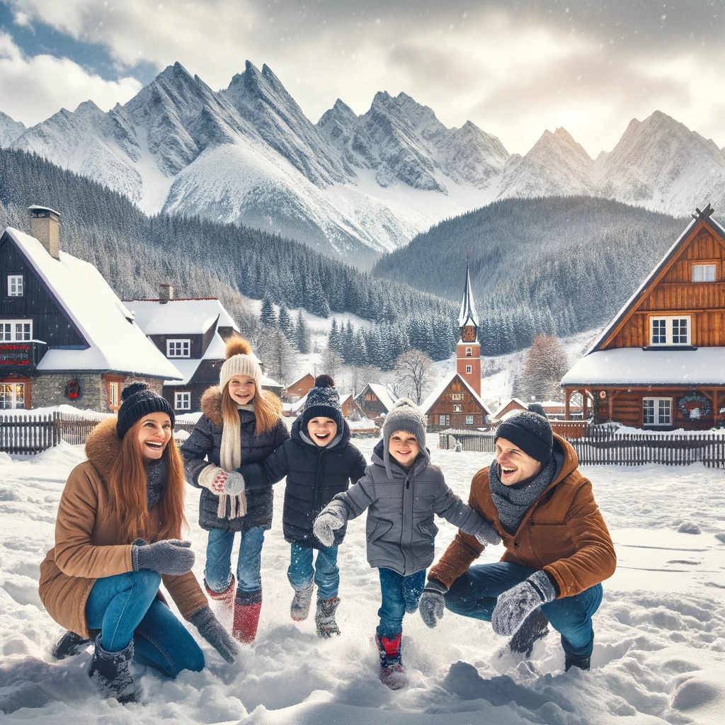 Rodzina ciesząca się zimowym dniem w Zakopane, dzieci bawiące się w śniegu, w tle Tatry i tradycyjne drewniane domy.