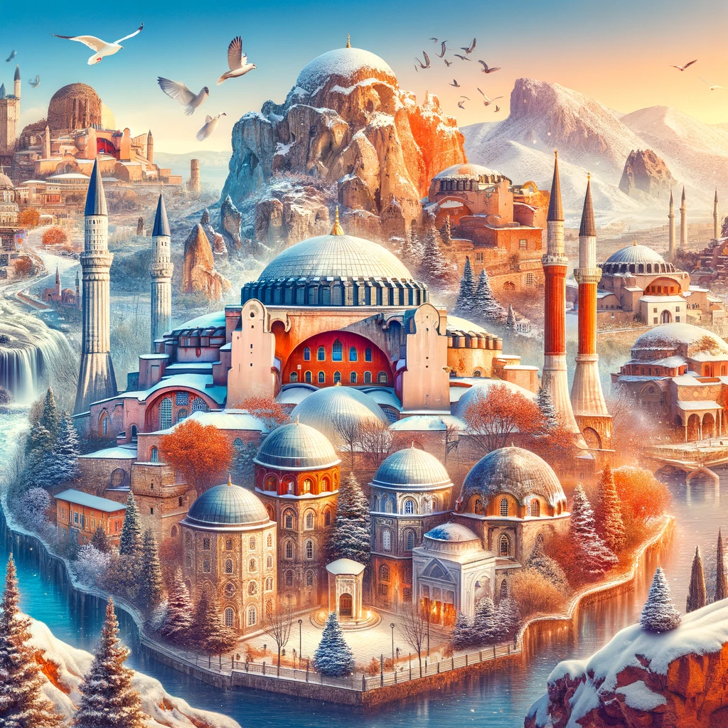 Kolaż znanych miejsc w Turcji: Hagia Sophia, formacje skalne Kapadocji, ruiny w Antalyi