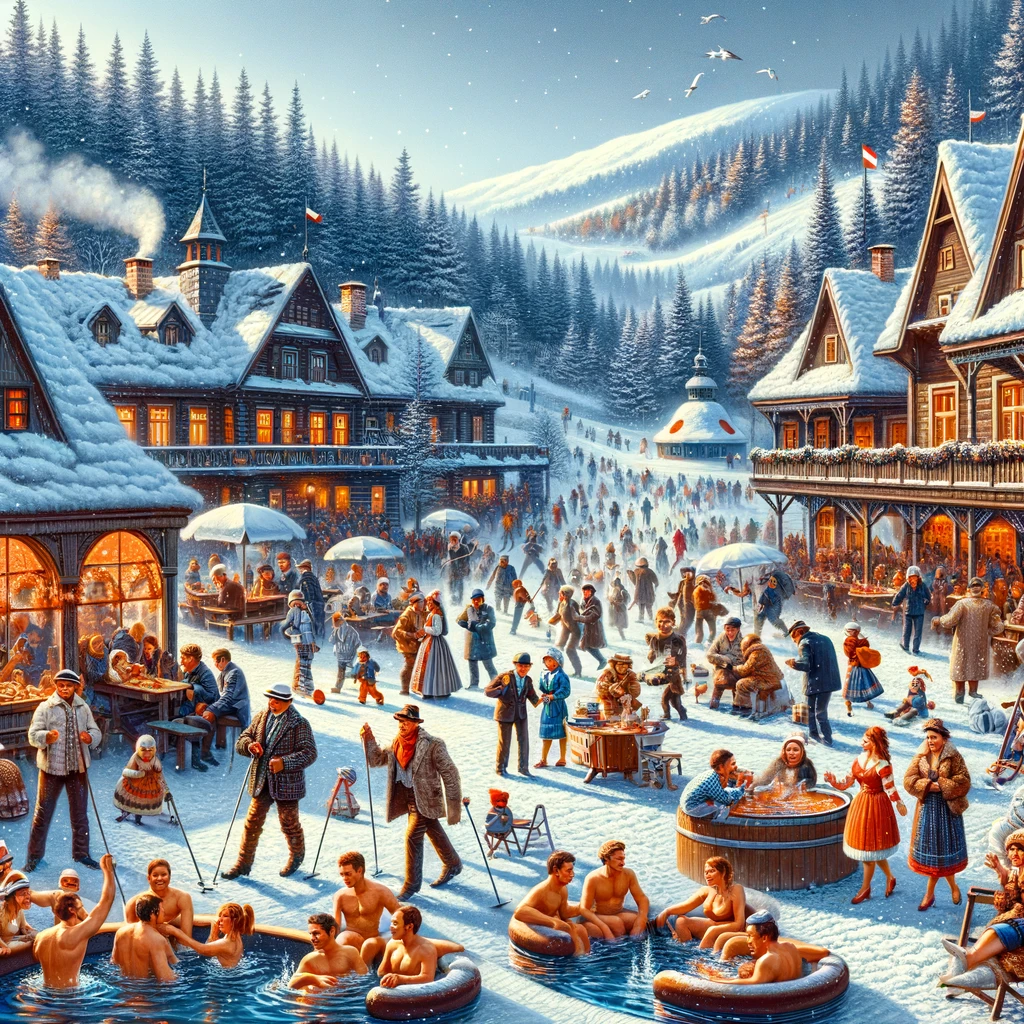 Zimowa scena w Zakopanem, z ludźmi jeżdżącymi na nartach, korzystającymi z termalnych spa i uczestniczącymi w lokalnym festiwalu folklorystycznym.