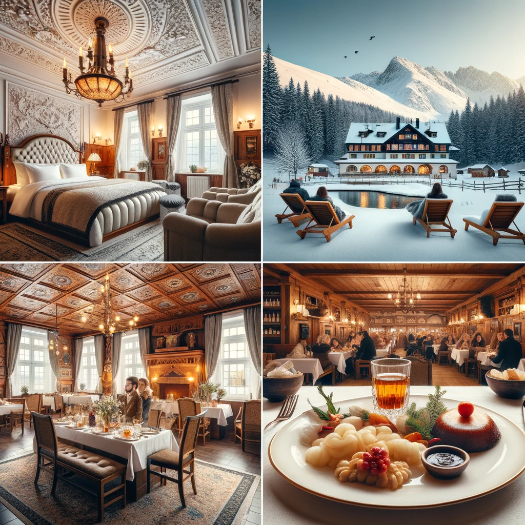 Luksusowy i przytulny pokój w Hotelu Aries Luxury Spa w Zakopanem, z widokiem na zaśnieżone góry.