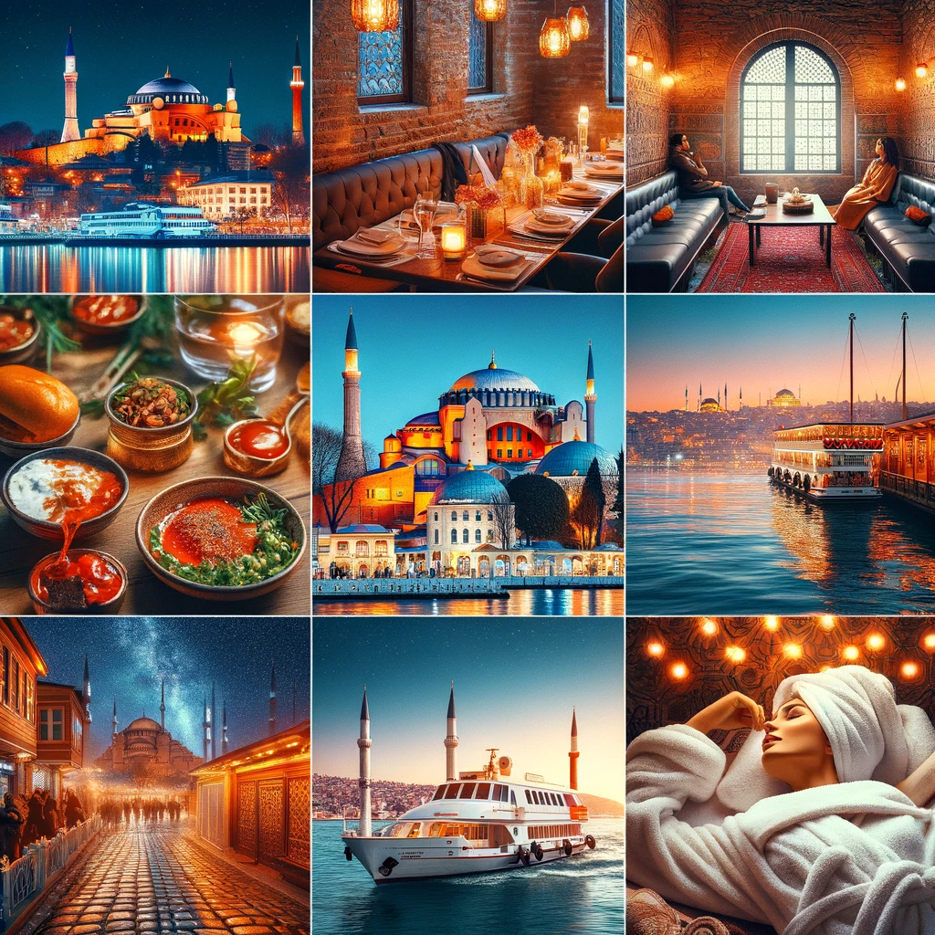 Kolaż przedstawiający weekend w Turcji: nocny widok Stambułu, lokalna restauracja, zwiedzanie Hagia Sophia, rejs po Bosforze, doświadczenie hammamu