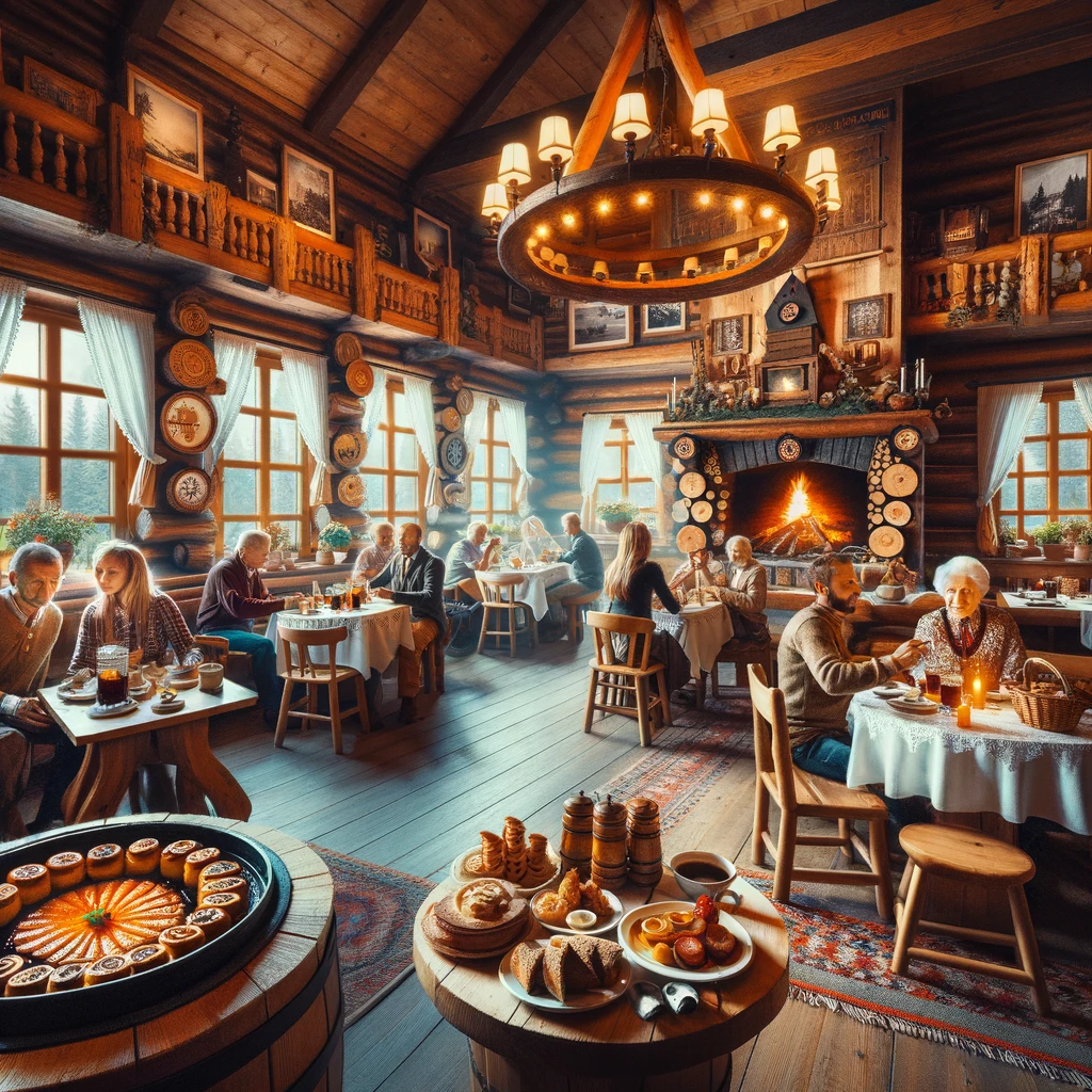 Tradycyjna polska restauracja w Zakopanem, z drewnianym wystrojem, kominkiem i gośćmi delektującymi się regionalnymi daniami.