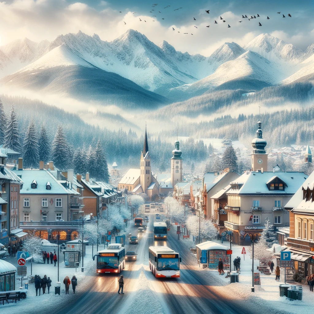 Zimowy pejzaż Zakopanego z widokiem na Tatry, zaśnieżone ulice i ruchliwe centrum miasta z turystami i transportem publicznym.