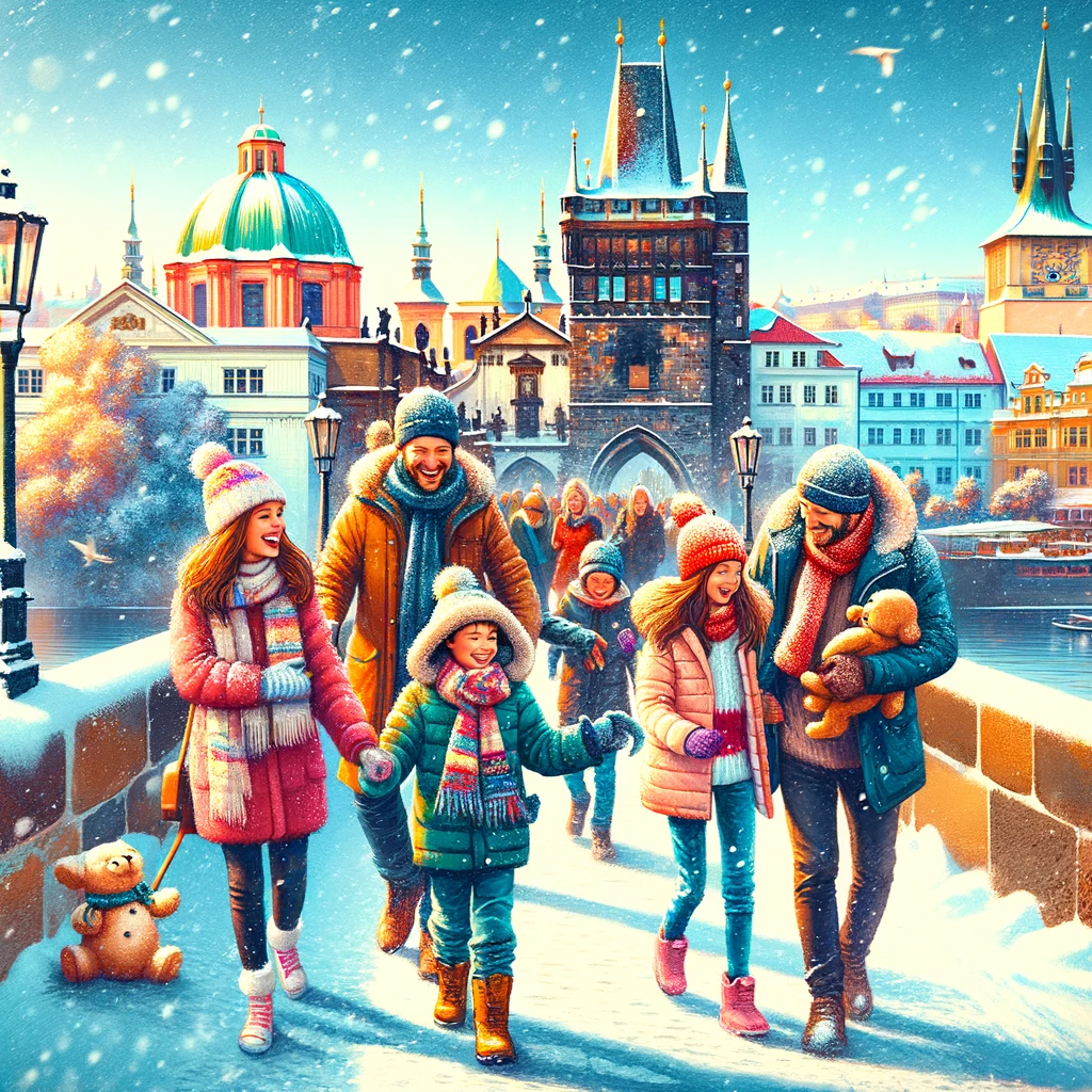 Rodzina spędzająca zimowy dzień w Pradze w pobliżu Mostu Karola