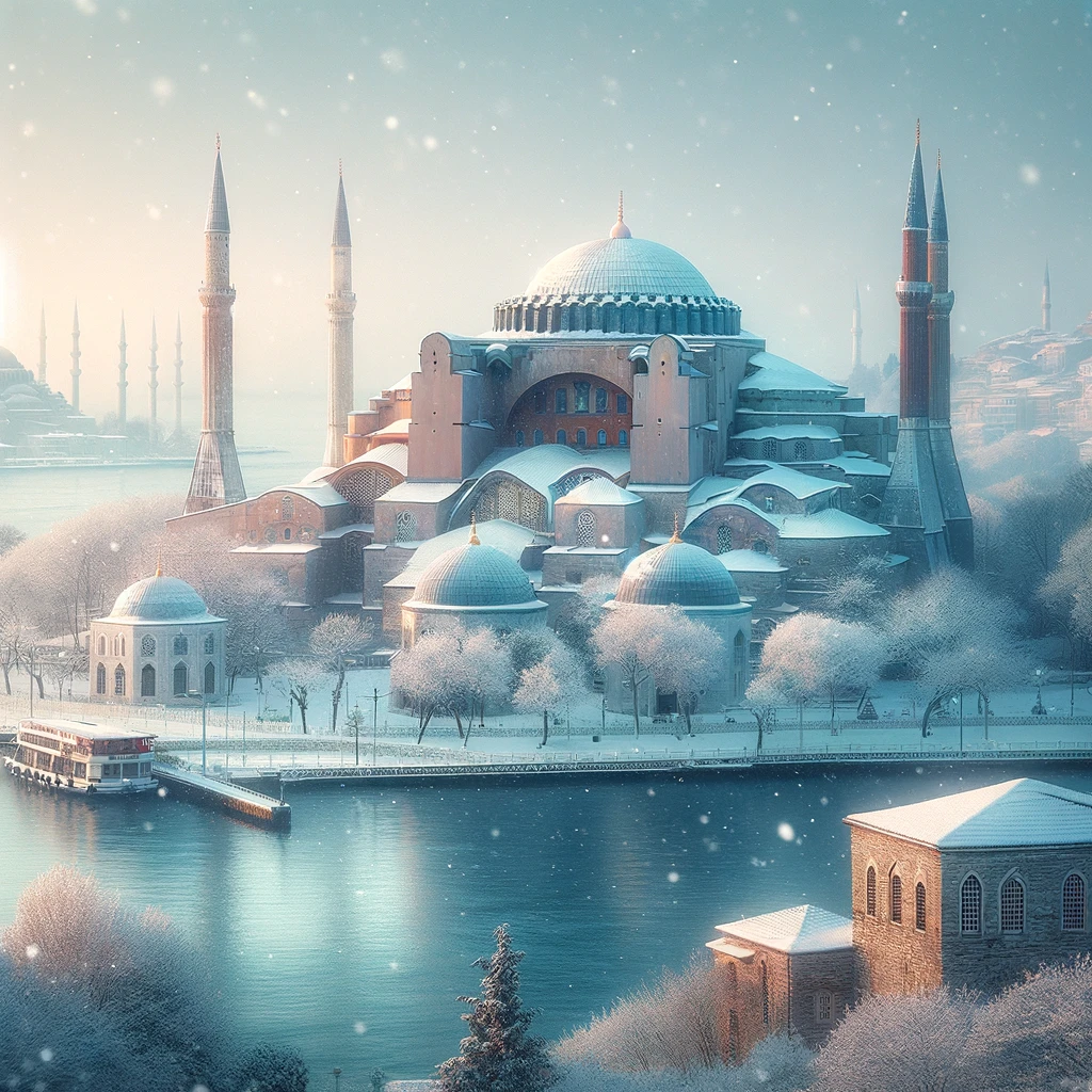 Zimowy widok Stambułu z Hagia Sophia i Błękitnym Meczetem