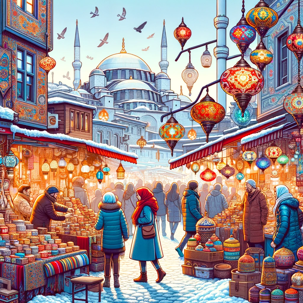Żywy bazar w Stambule w lutym z kolorowymi straganami