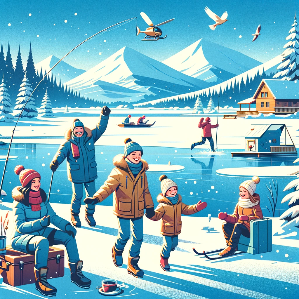Rodzina ciesząca się zimowymi aktywnościami na Mazurach: dzieci bawiące się w śniegu i rodzice na nartach biegowych