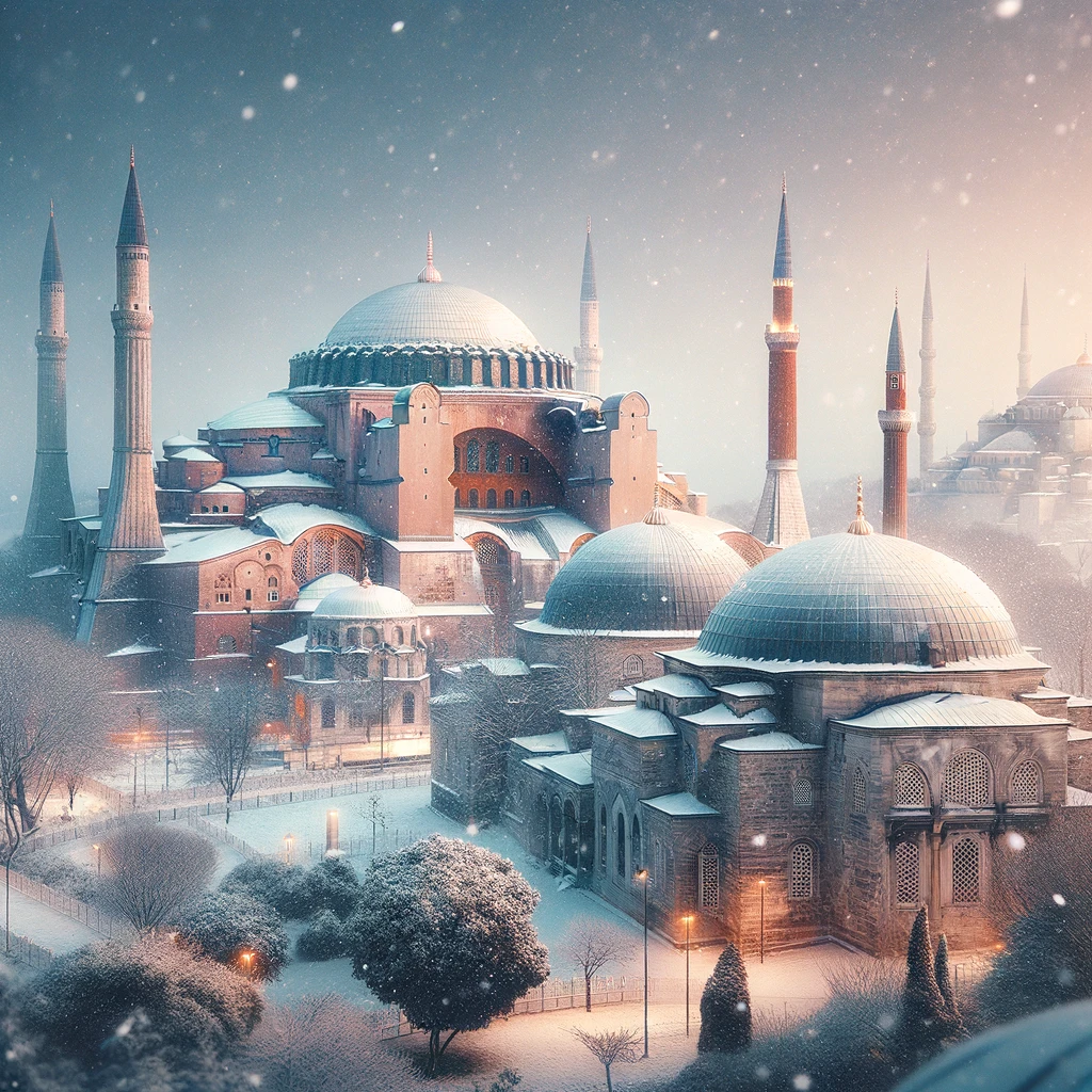 Hagia Sophia i Błękitny Meczet w zimowej scenerii Stambułu