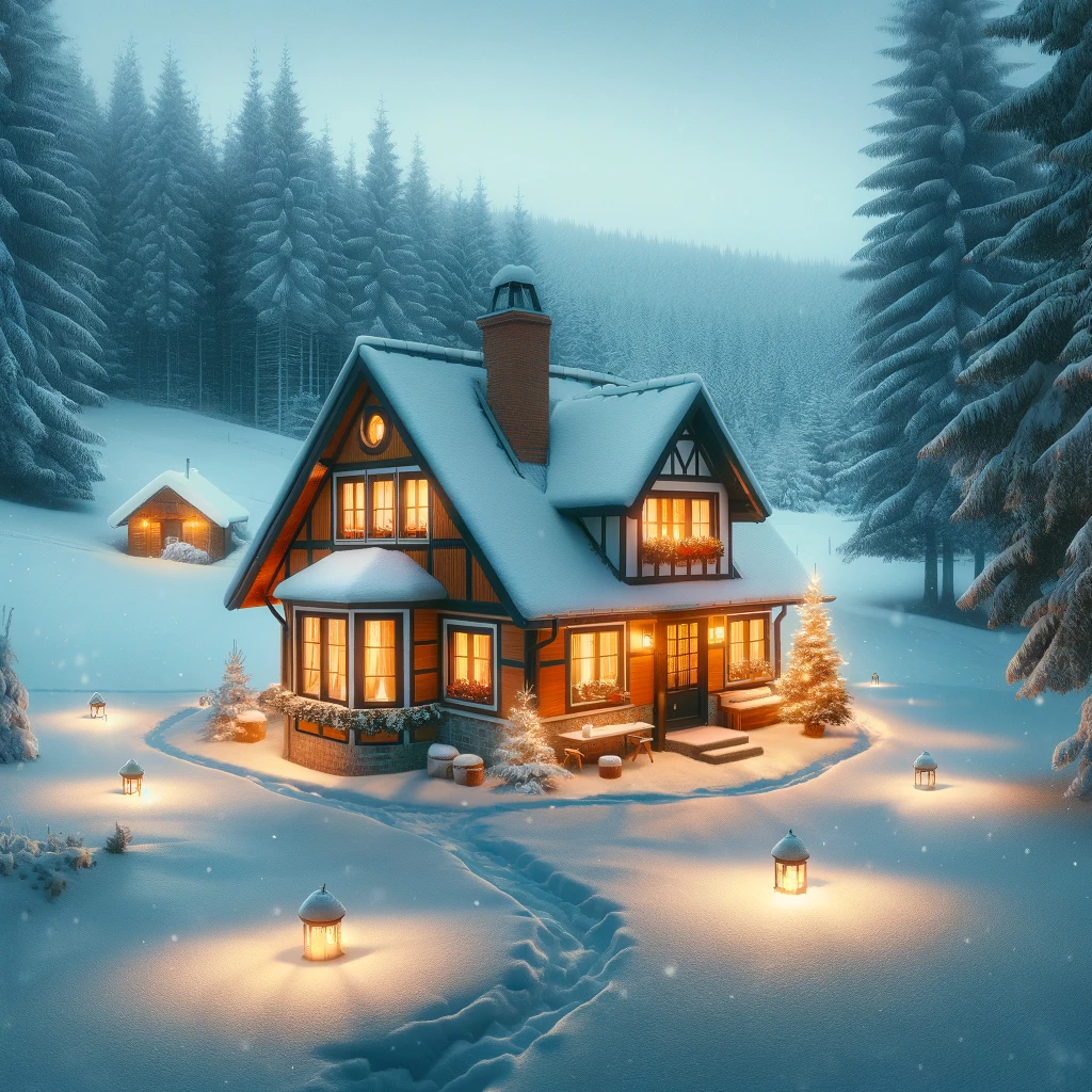 Urokliwy domek na Mazurach otoczony śniegiem z ciepłym światłem wydobywającym się z okien