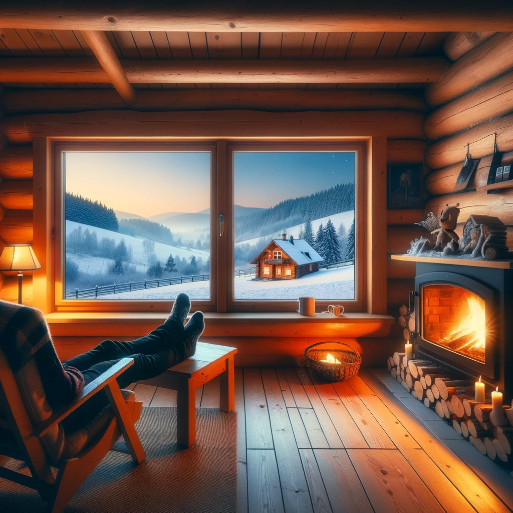 Osoba relaksująca się przy kominku w przytulnej chacie na Mazurach, z widokiem na zimowy pejzaż przez okno