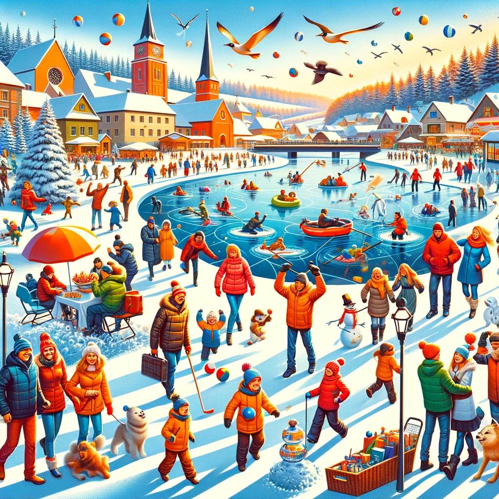 Różne grupy ludzi (rodziny z dziećmi, pary, grupy przyjaciół) bawiące się w zimowych aktywnościach na Mazurach: bitwy na śnieżki, romantyczne spacery, wędkowanie podlodowe