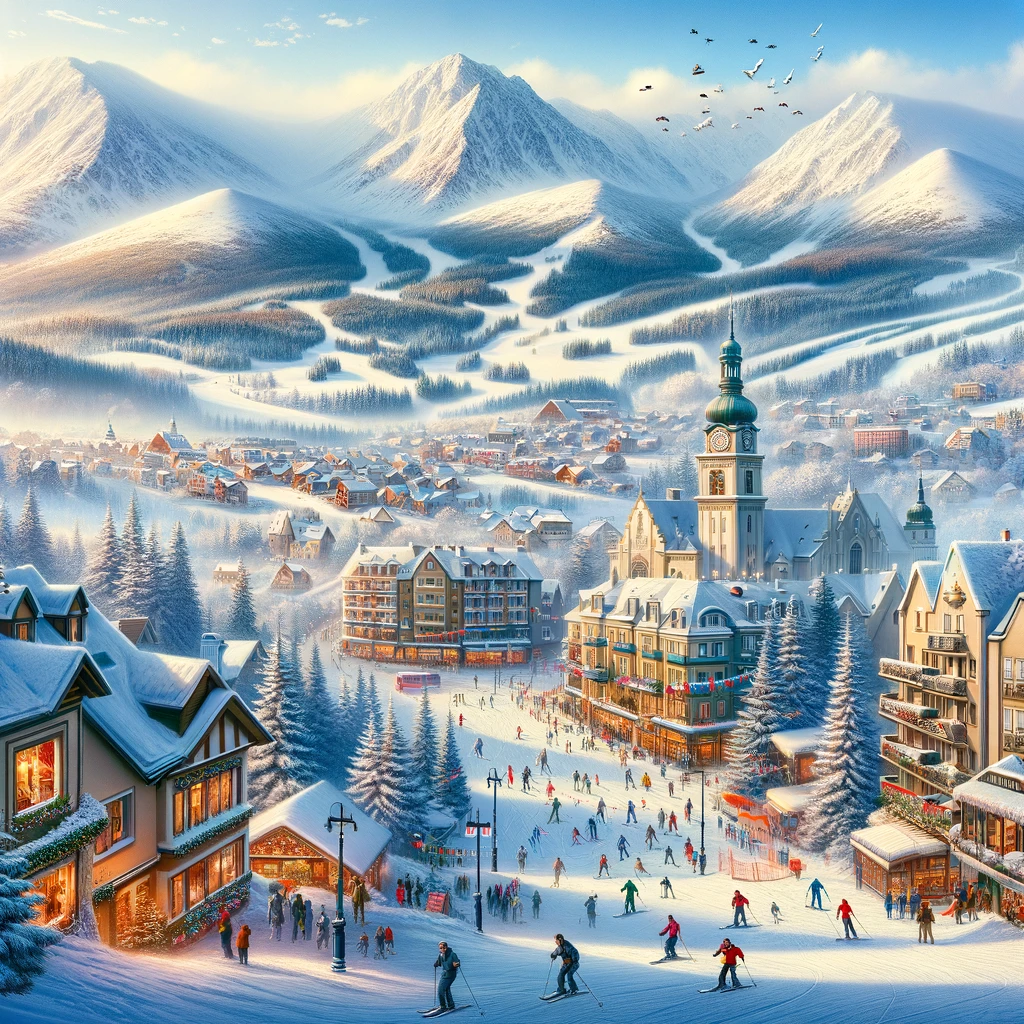 Zimowy krajobraz Karpacza z widokiem na góry Karkonosze, stoki narciarskie i architekturę miasta