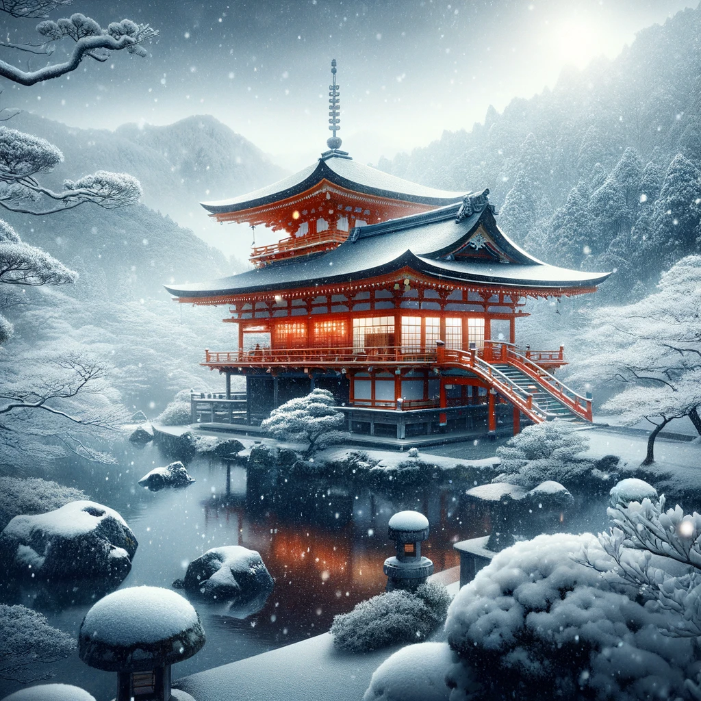 Japońska świątynia pokryta śniegiem w zimowym krajobrazie