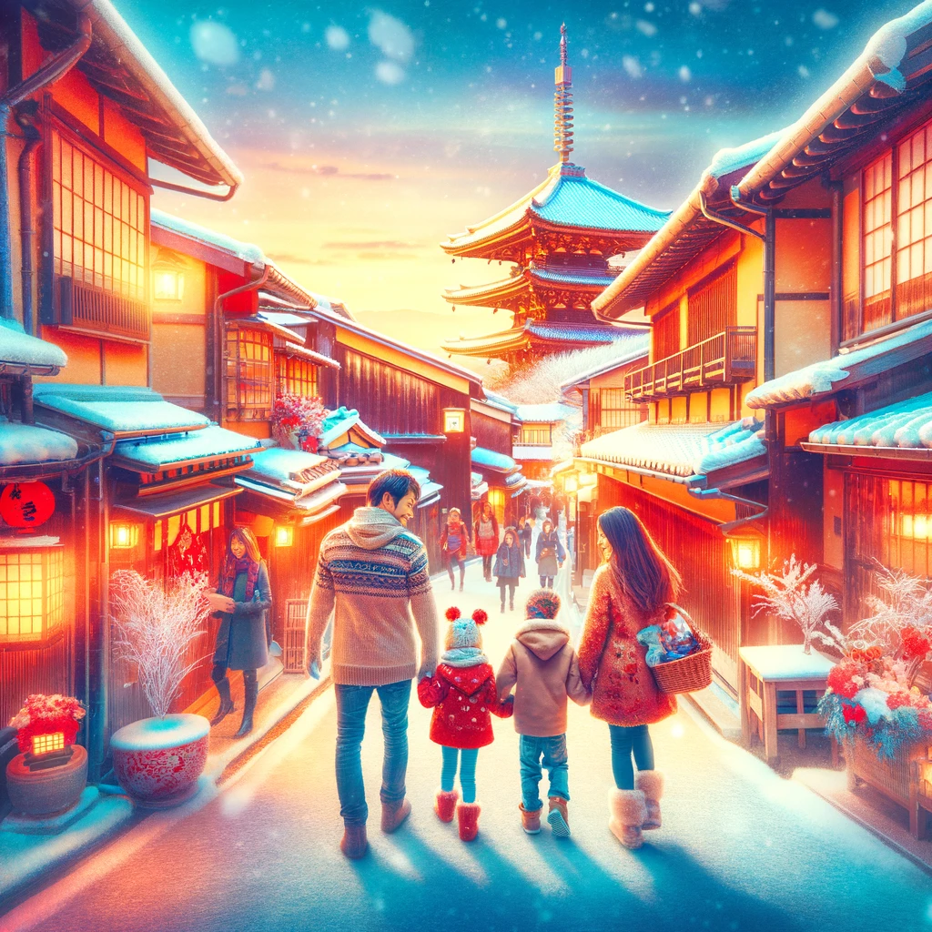Rodzina zwiedzająca historyczne ulice Gion w Kioto