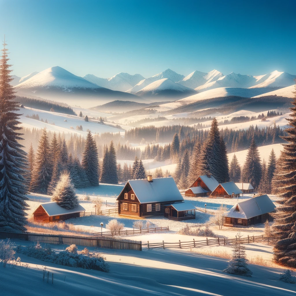 Zimowy krajobraz w Bieszczadach, pokryte śniegiem domki i sosny
