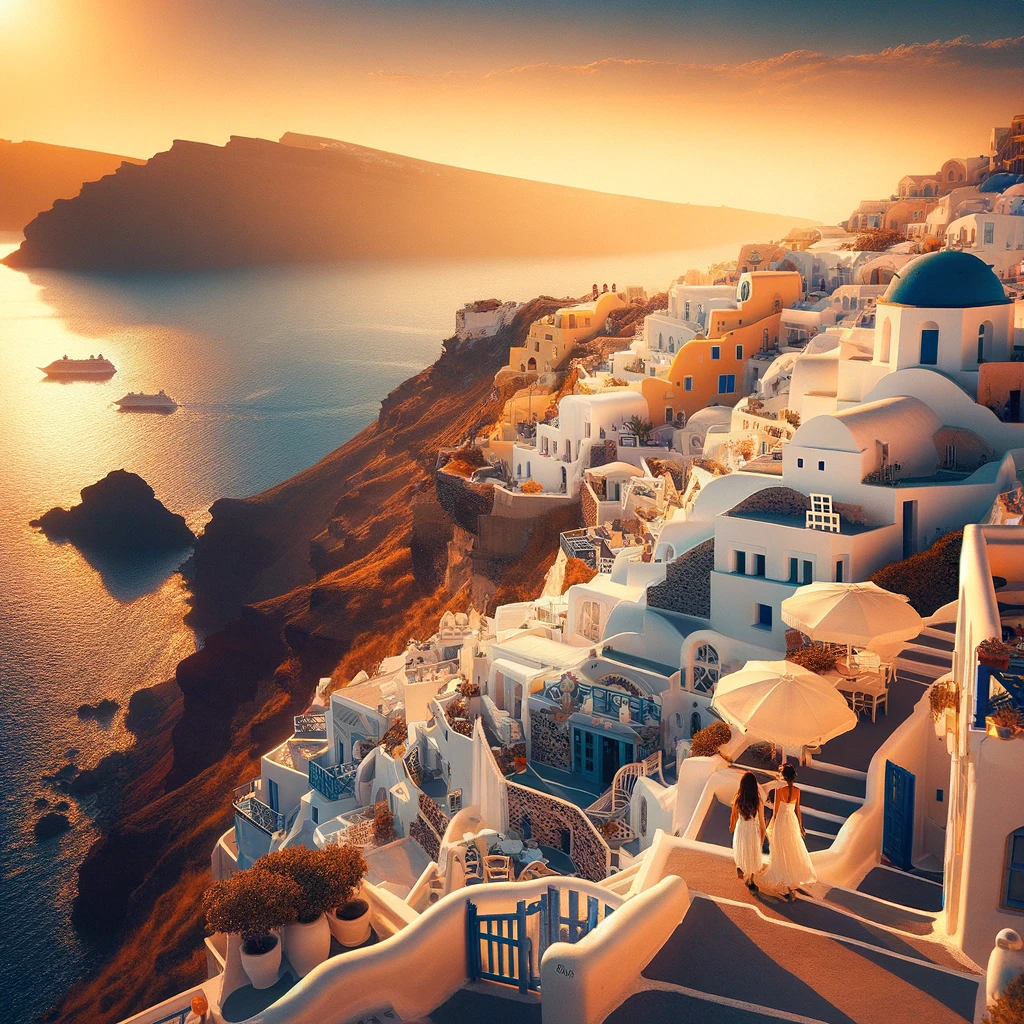 Zakochana para podziwiająca widok na Santorini
