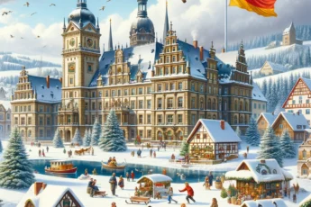 Zimowy krajobraz w Niemczech z zabawami na śniegu