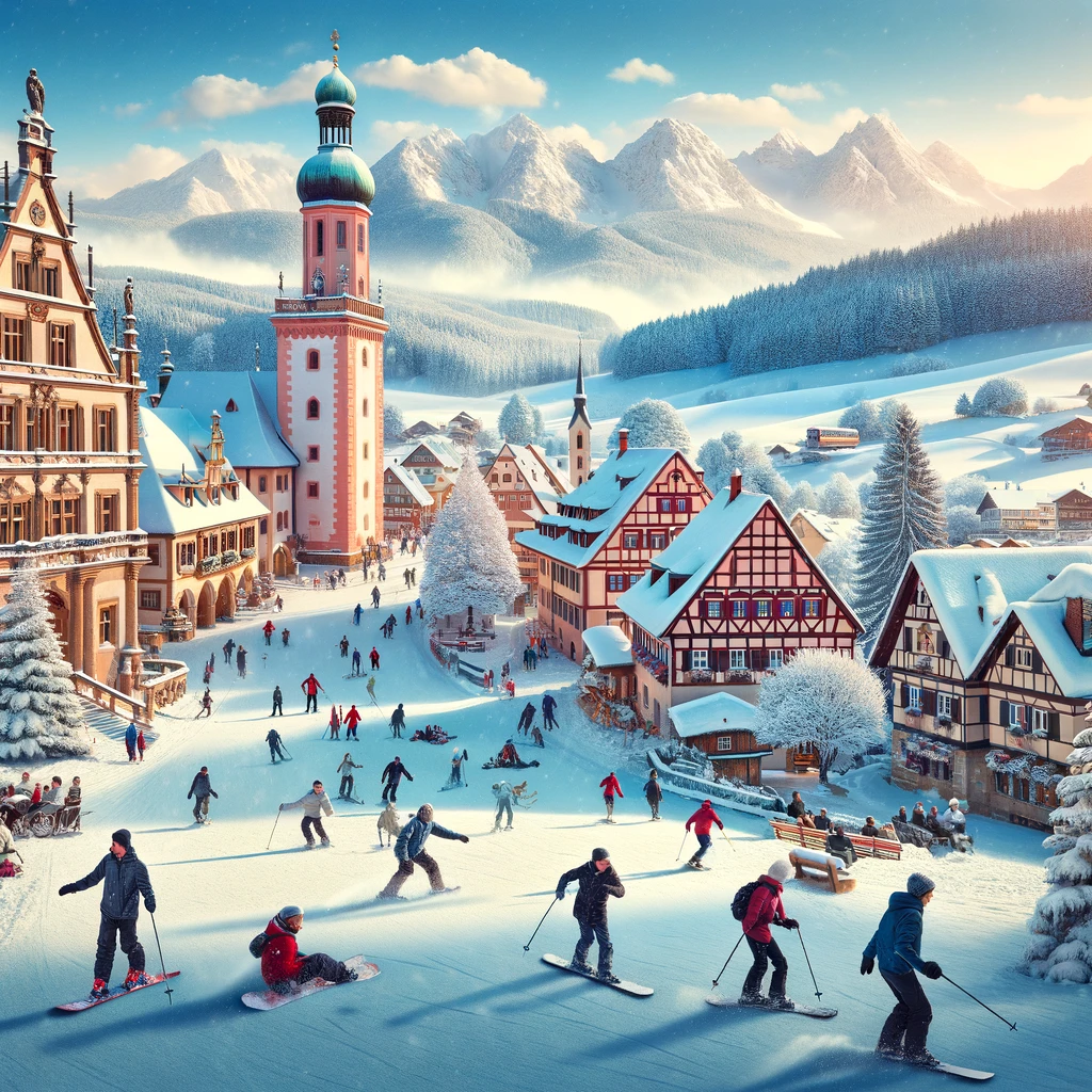 Zimowy krajobraz w Niemczech z ludźmi uprawiającymi sporty zimowe