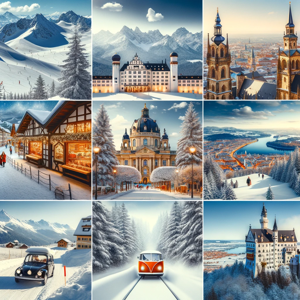 Kolaż zimowych scen w Niemczech: stoki narciarskie Garmisch-Partenkirchen, architektura Drezna, życie miejskie Monachium, piękno Berchtesgaden