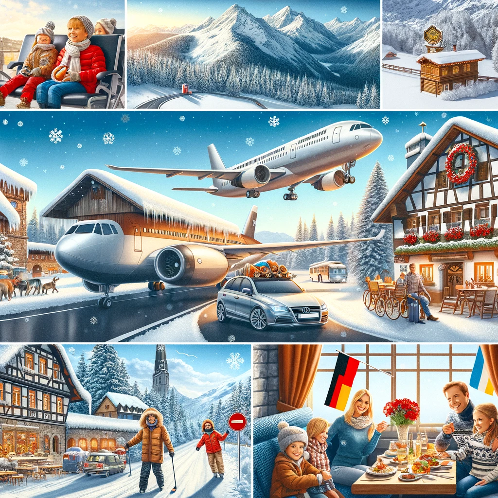 Kolaż przedstawiający różne aspekty zimowego urlopu w Niemczech: rodzina na lotnisku, przytulna górska chata, śnieżne drogi, gościnna niemiecka restauracja, ludzie cieszący się kulturalnymi atrakcjami w historycznym mieście