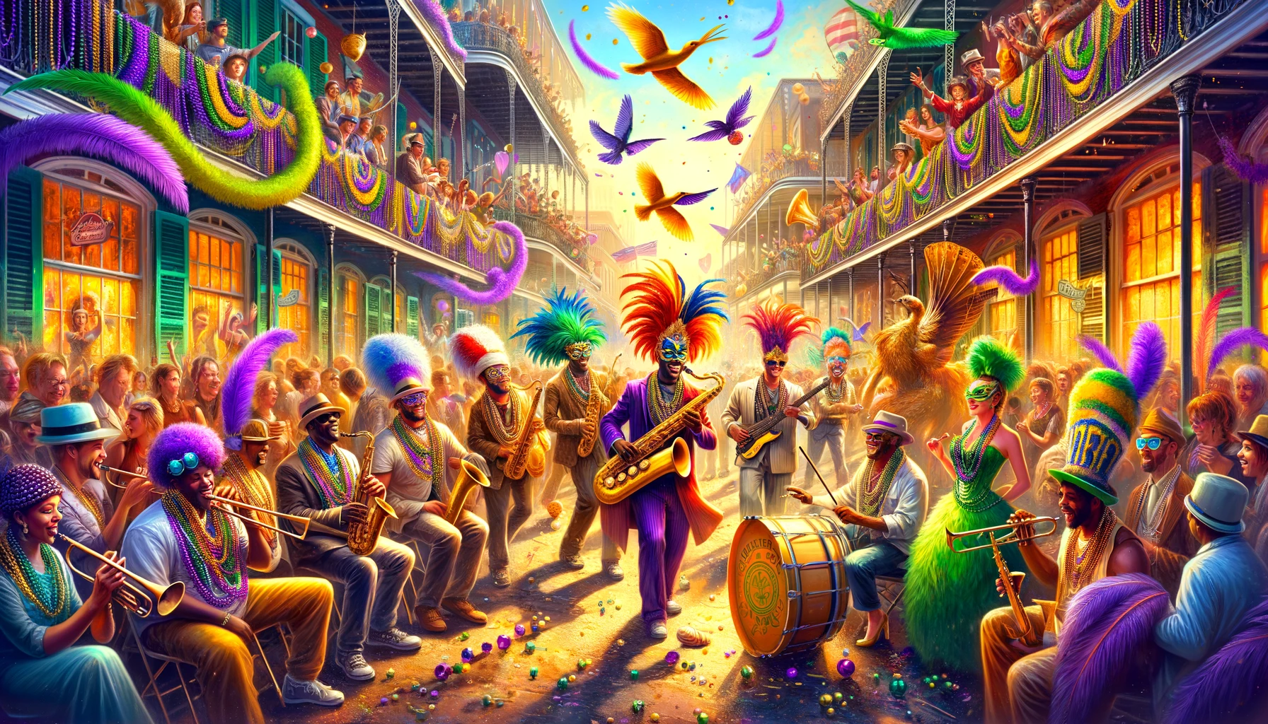 Kolorowa parada Mardi Gras na ulicach Nowego Orleanu z muzykami jazzowymi i tłumem w kostiumach