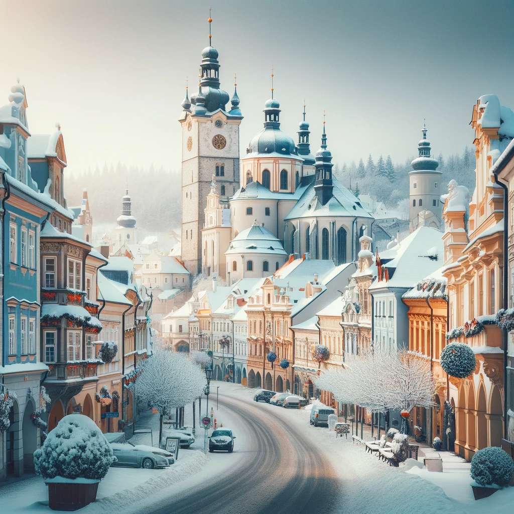 Zimowy widok historycznego miasta w Czechach z pokrytymi śniegiem ulicami i budynkami