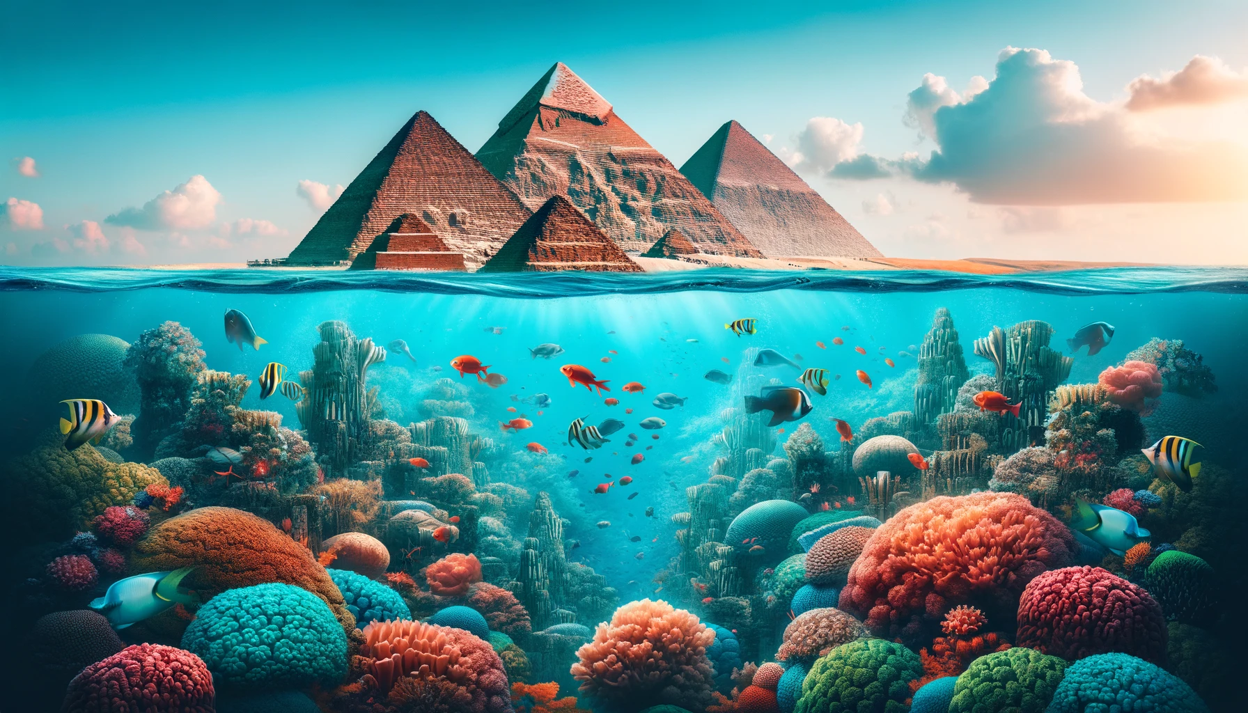Wielkie Piramidy Gizy z widokiem na kolorowy podwodny świat Morza Czerwonego