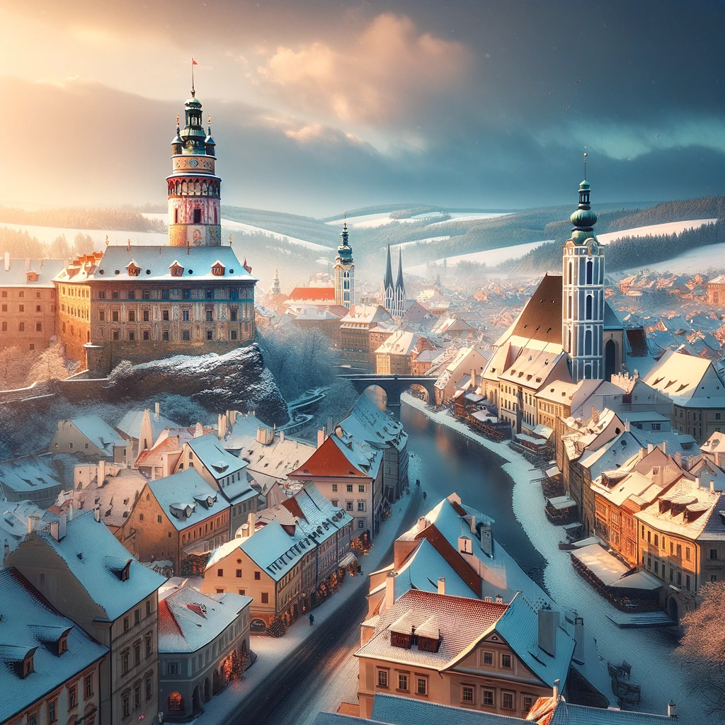 Zimowy widok Pragi z historycznymi budynkami i pokrytymi śniegiem ulicami