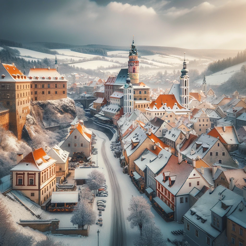 Malowniczy widok Český Krumlov w zimie z jego średniowieczną architekturą i spokojnymi, śnieżnymi ulicami