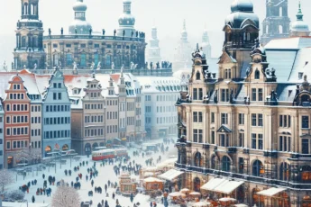 Zimowy widok Drezna z zabytkowymi budynkami i spacerującymi ludźmi