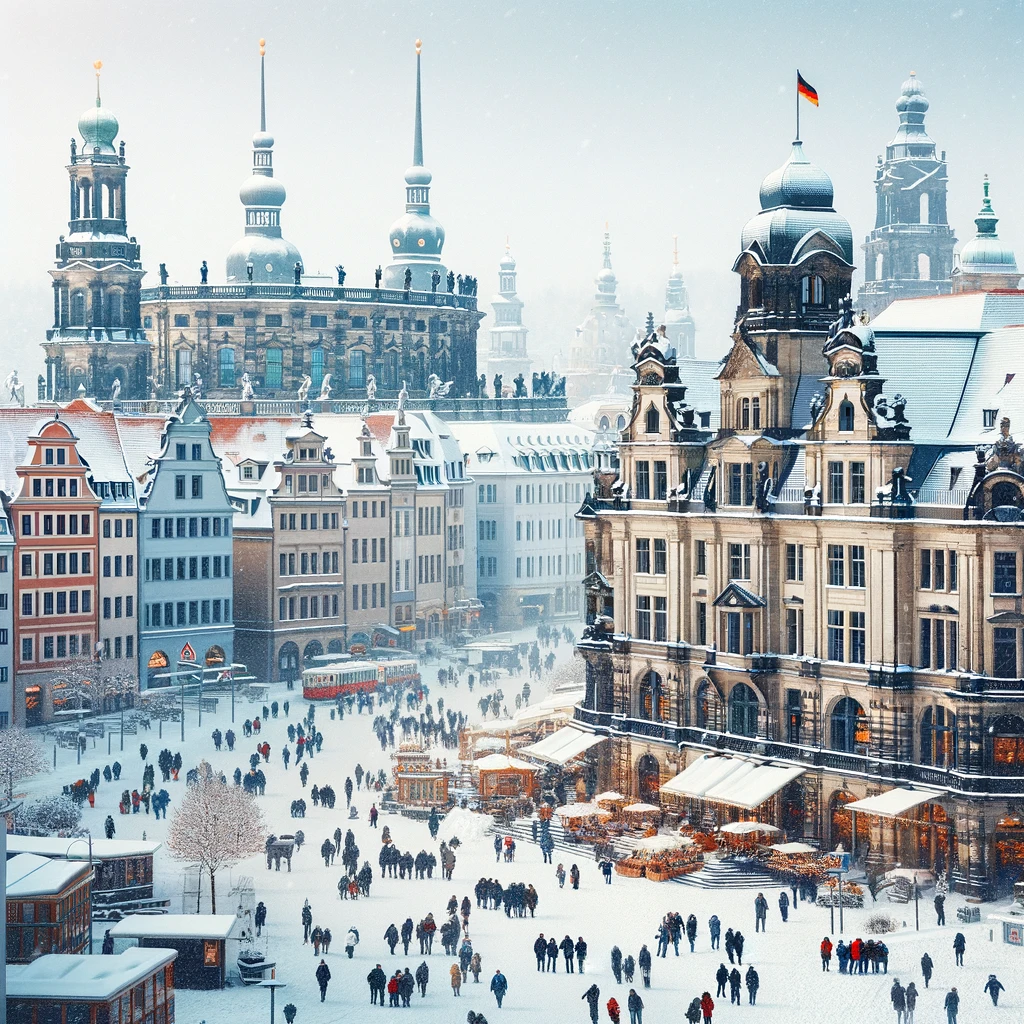 Zimowy widok Drezna z zabytkowymi budynkami i spacerującymi ludźmi