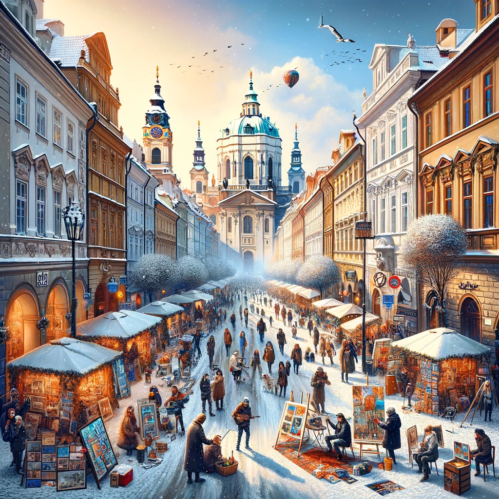Zimowa scena kultury ulicznej w historycznym centrum Pragi