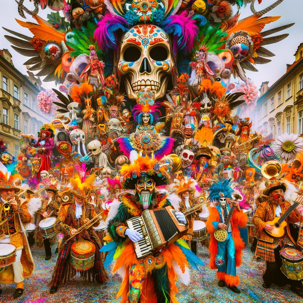 Żywy obraz Karnawału w Pradze z kolorowymi kostiumami, muzyką i tradycyjnymi czeskimi festynami