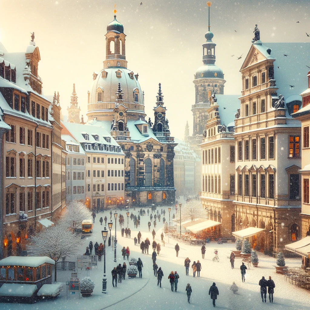 Zimowy krajobraz historycznego Starego Miasta (Altstadt) w Dreźnie, z pokrytymi śniegiem pięknymi budynkami