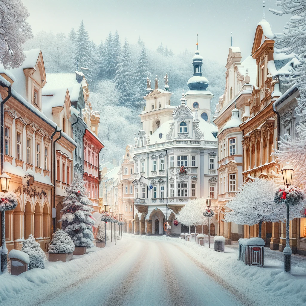 Spokojna zimowa scena w czeskim mieście, przedstawiająca malowniczą ulicę z historycznymi budynkami pokrytymi śniegiem