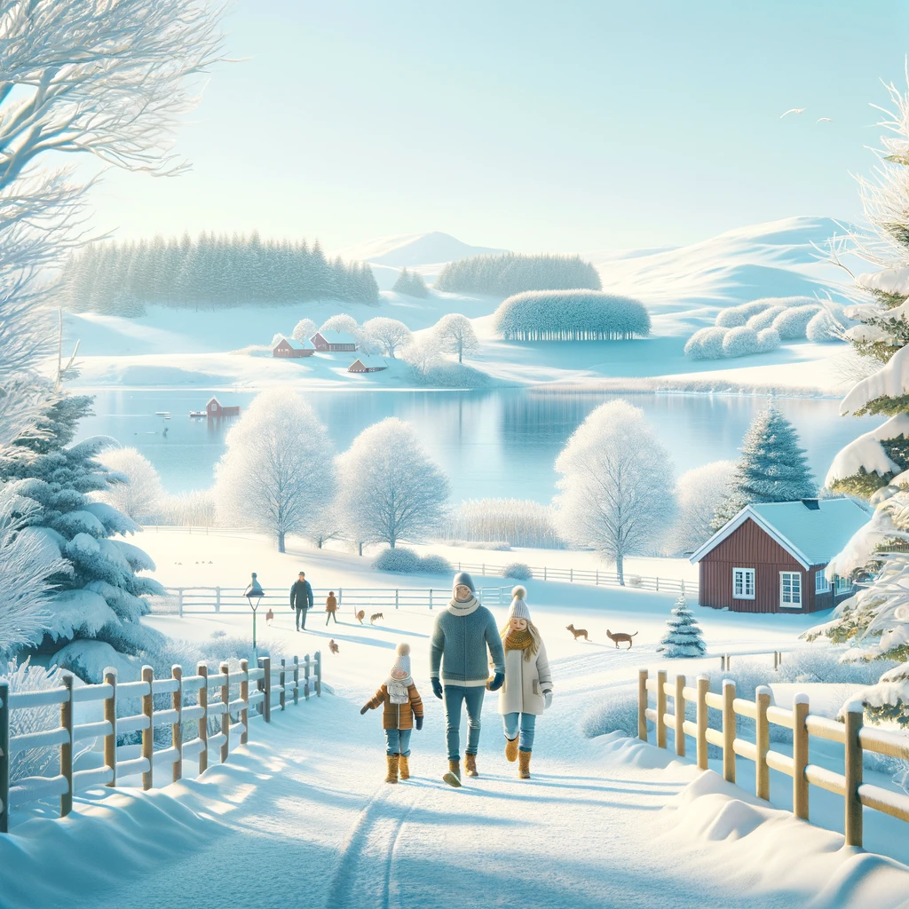 Rodzina ciesząca się spacerem w zimowym krajobrazie Danii