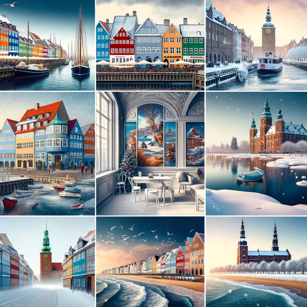 Kolaż zimowych atrakcji Danii: Kopenhaga, Aarhus, Odense, Skagen, Ribe