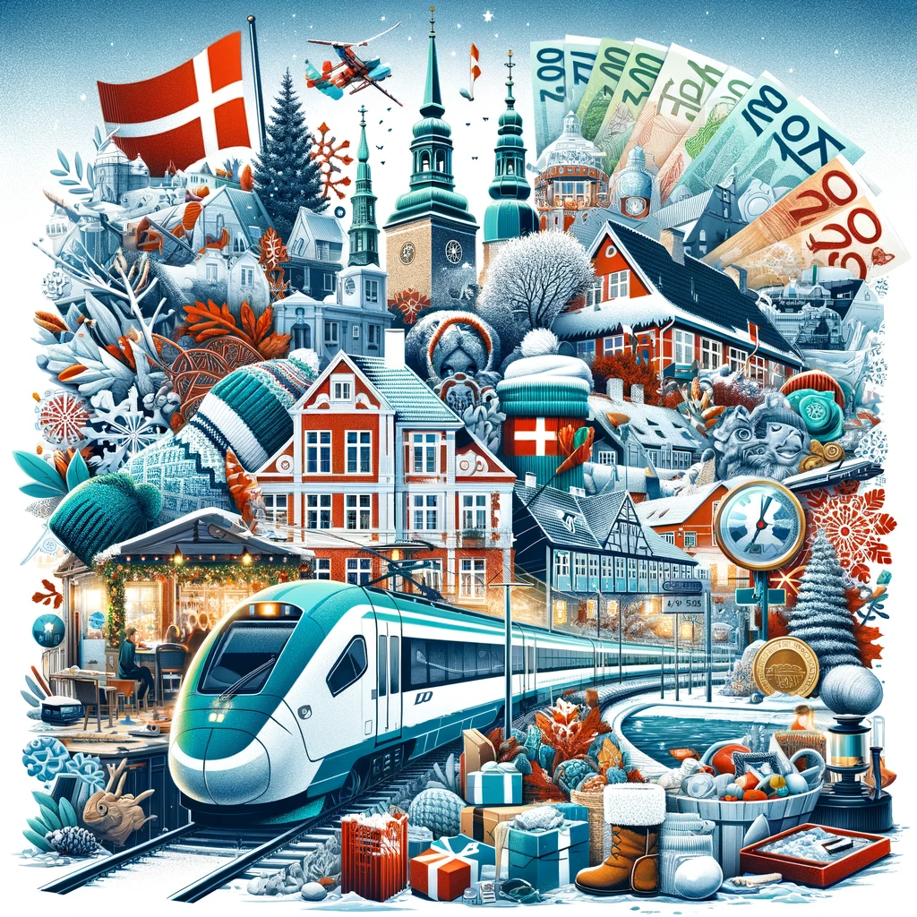 Symbole podróży po Danii zimą: pociąg, duńska waluta, zimowe ubrania, małe miasto
