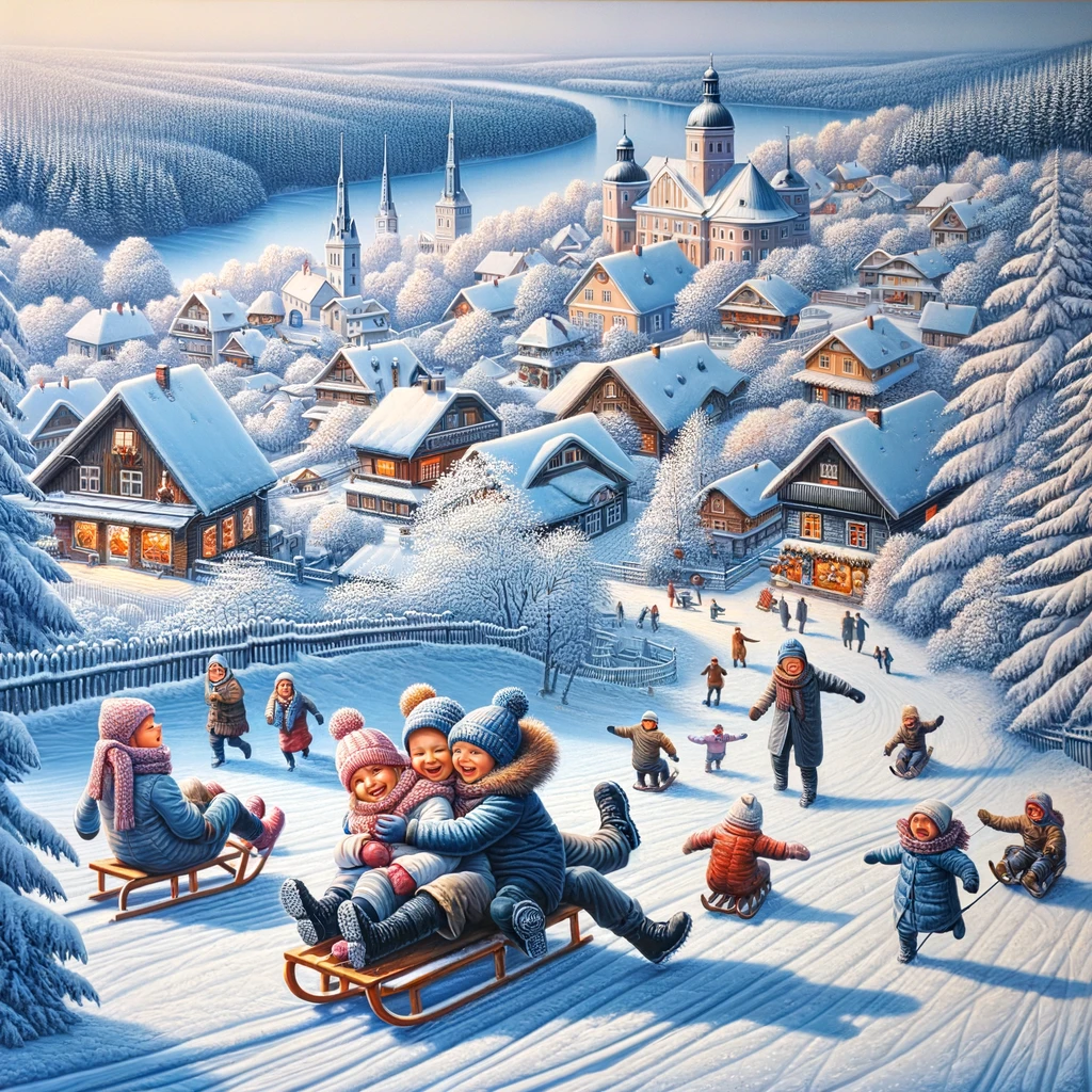Dzieci bawiące się na śniegu w Siguldzie, Łotwa, zimowa radość i sanki