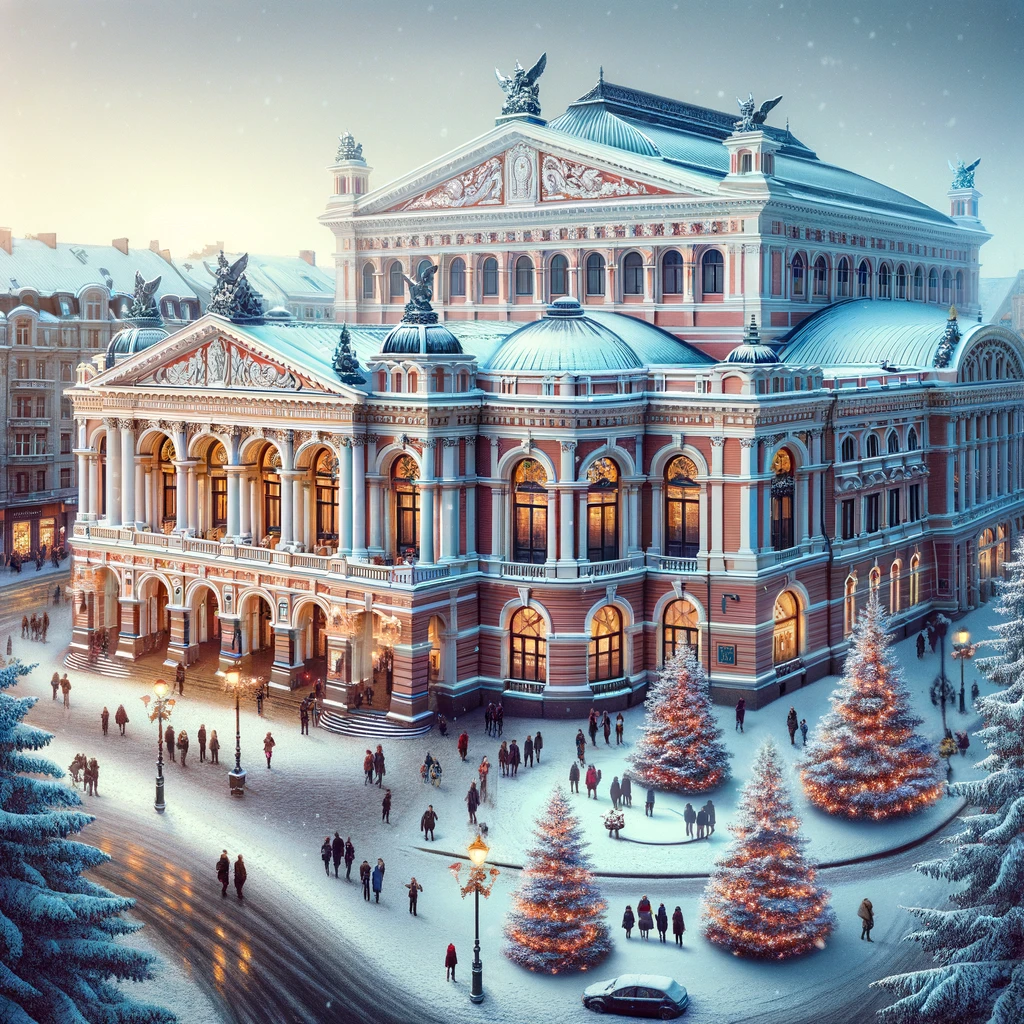 Łotewska Opera Narodowa w Rydze zimą, pokryta śniegiem z ludźmi cieszącymi się atmosferą