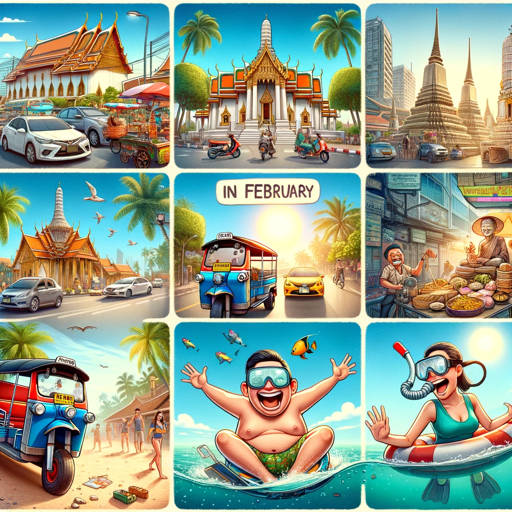 Komiczna ilustracja przedstawiająca weekend w Tajlandii: zatłoczone ulice Bangkoku, plażę na Ko Samui i nurkowanie ze śmiechem
