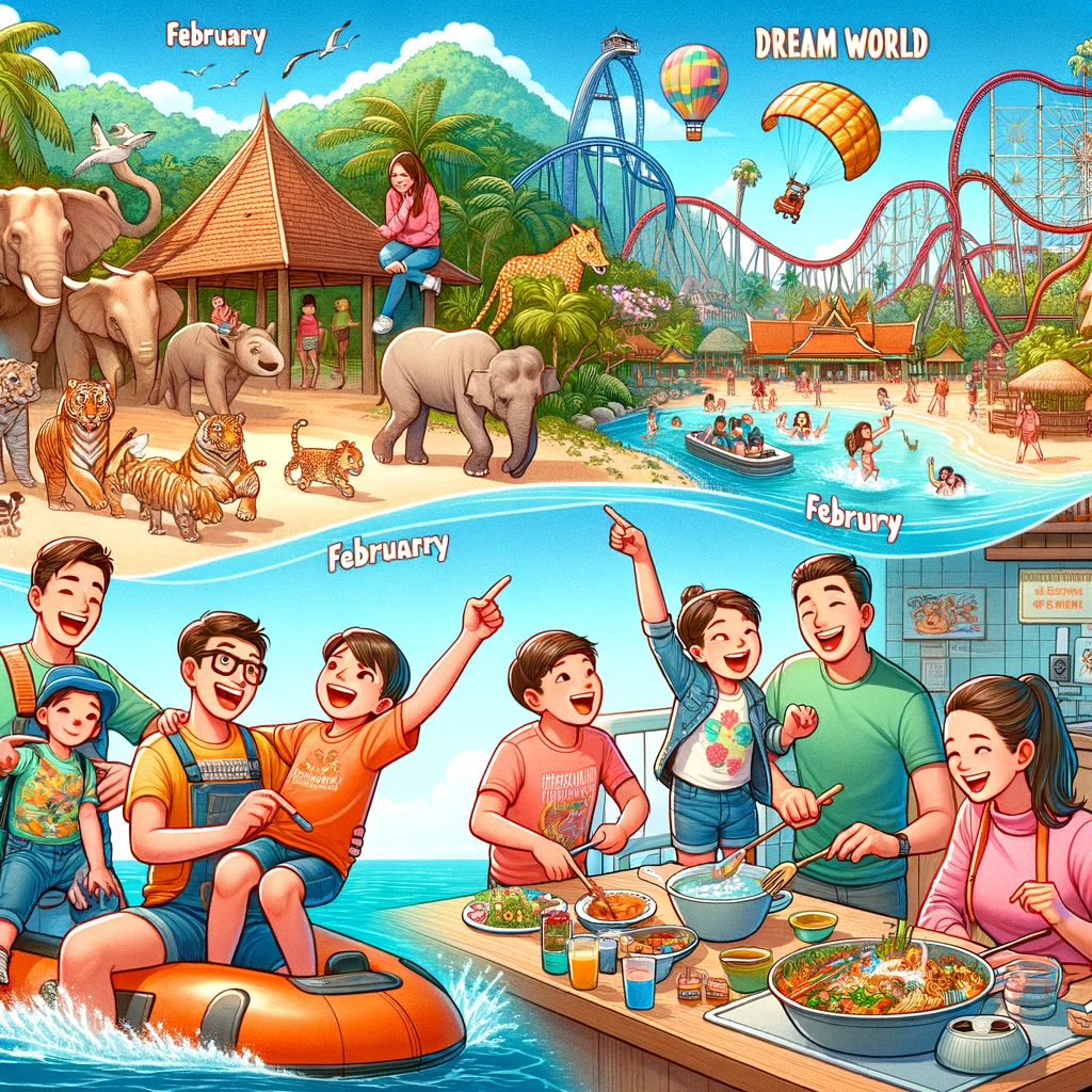 Rodzina ciesząca się różnorodnymi atrakcjami w Tajlandii: Safari World, Dream World, Splash Jungle i gotowanie tajskich potraw