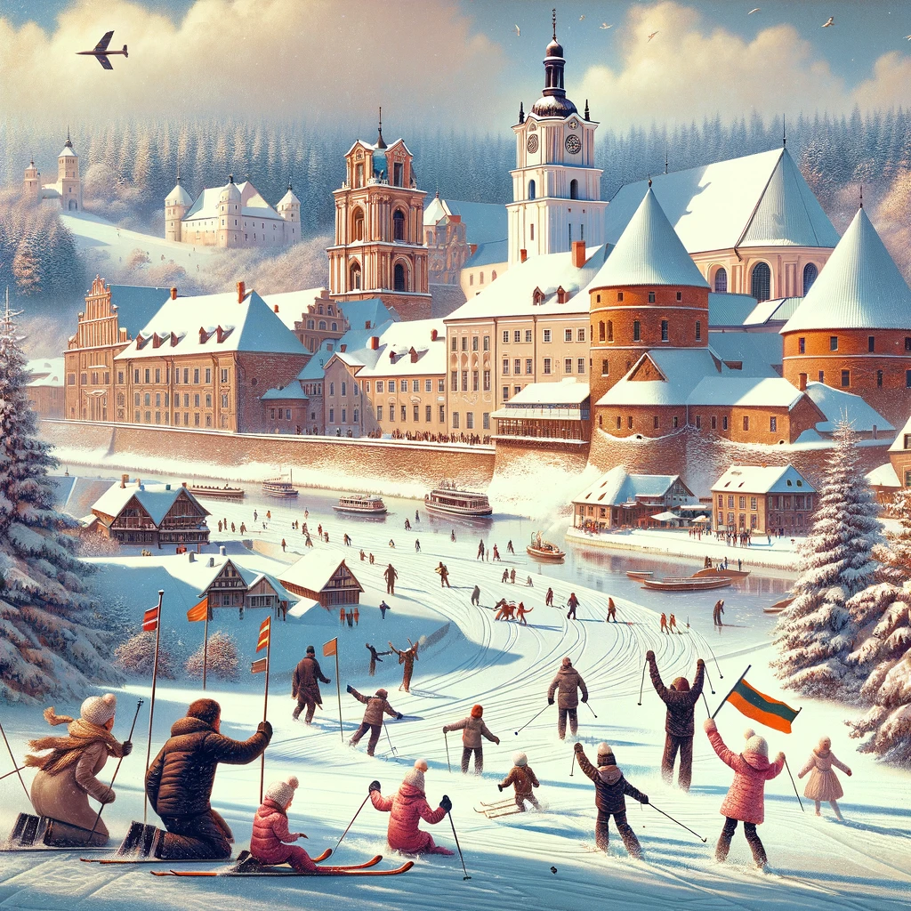 Zimowy krajobraz Litwy z zabawami na śniegu